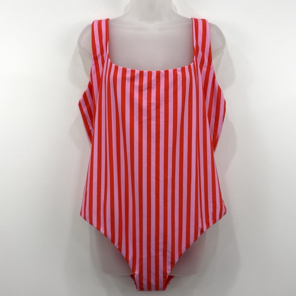 J Crew Scoopneck One Piece Swimsuit 22 Pink Stripe NWT Reversible Retro Beachy